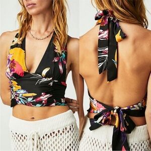 FREE PEOPLE | NEW Seraphina Floral Tie Back Halter Top in Black Women’s Size XS